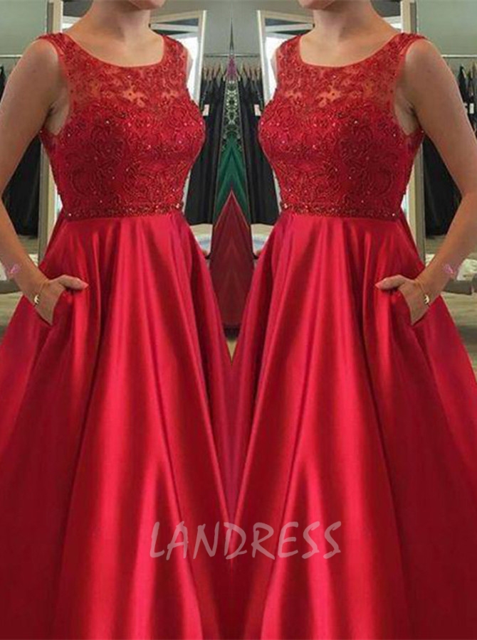 Red A-line Prom Dress with Pockets,Satin Prom Dress with Cutout Back,11211