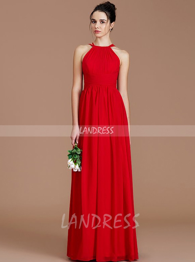 Red Chiffon Bridesmaid Dresses,Modest Long Bridesmaid Dress,11336