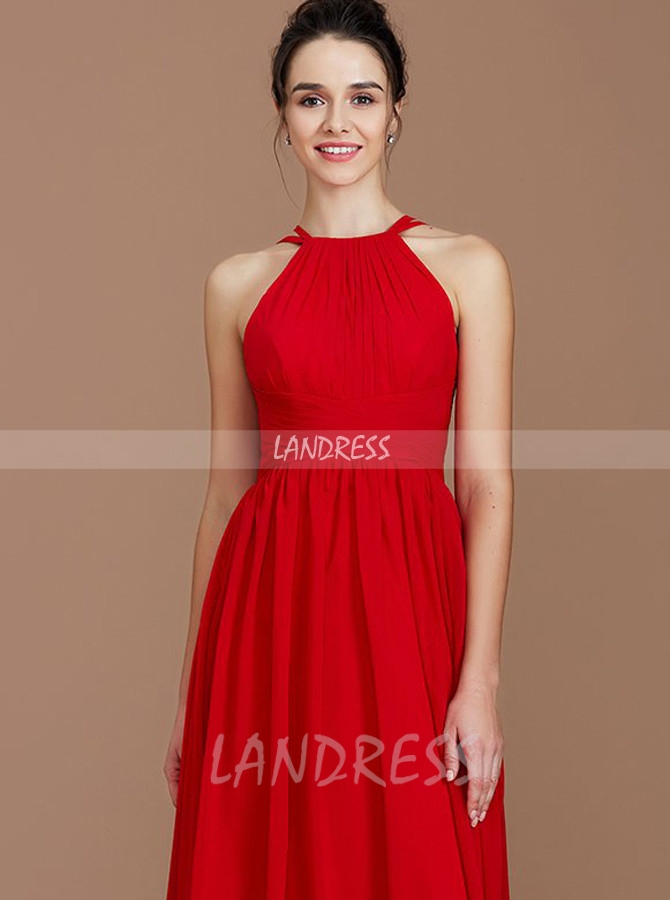 Red Chiffon Bridesmaid Dresses,Modest Long Bridesmaid Dress,11336