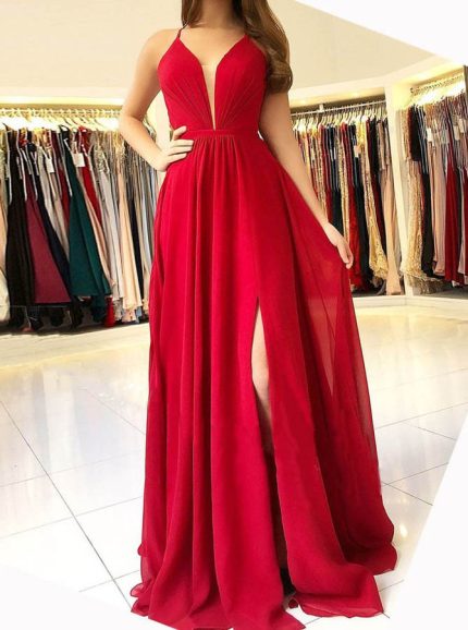Red Chiffon Prom Dresses,Backless Modest Evening Dress,11889