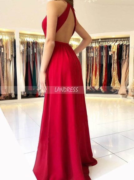 Red Chiffon Prom Dresses,Backless Modest Evening Dress,11889