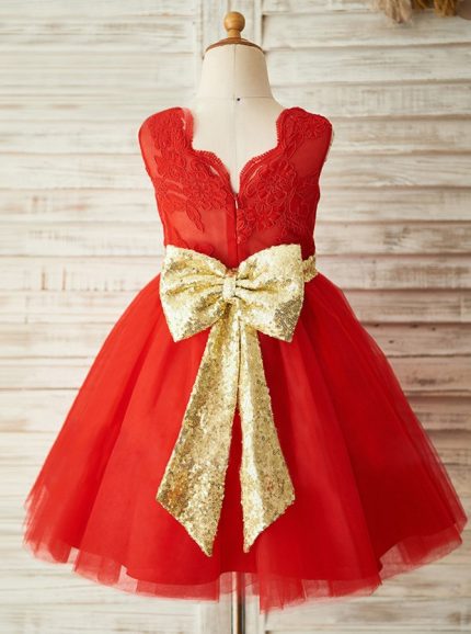 Red Flower Girl Dresses,Girl Party Dress with Bowknot,11826