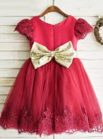 Red Flower Girl Dress with Short Sleeves,Adorable Girl Party Dress,11834