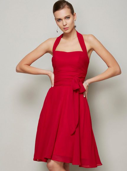 Red Halter Bridesmaid Dresses,Knee Length Bridesmaid Dress,11368