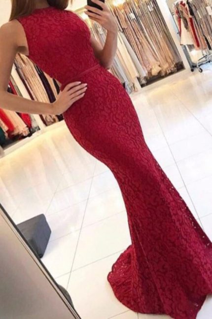 Red Lace Prom Dresses,Mermaid Prom Dress,Long Evening Dresses,11183