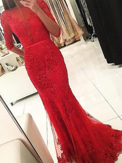 Red Mermaid Prom Dresses with Sleeves,Long Prom Dress for Teens,11915