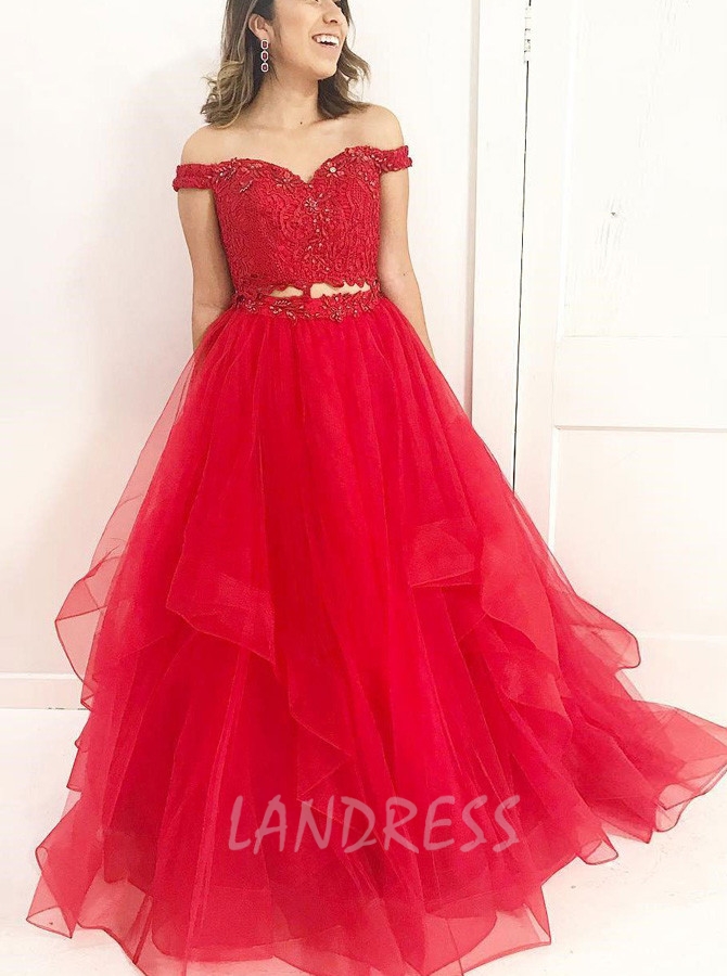 Red Prom Dresses for Teens,Two Piece Prom Dresses,Ruffled Prom Dress,11204