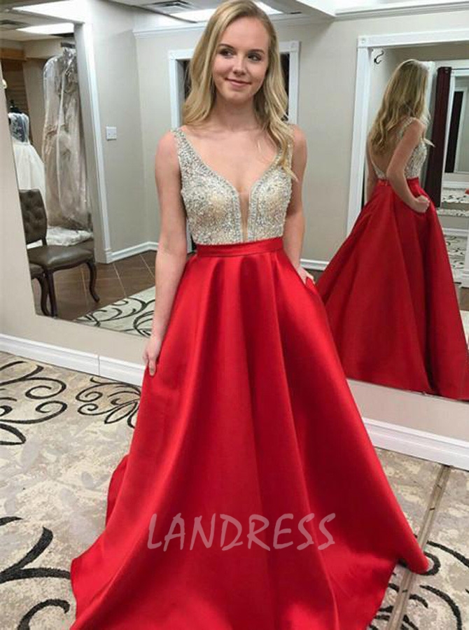 Red Prom Dresses with Pockets,Satin Long Prom Dress,Modest Prom Dress,11249