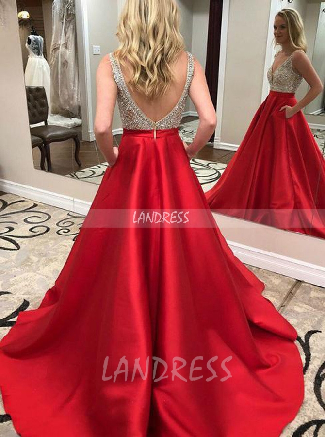 Red Prom Dresses with Pockets,Satin Long Prom Dress,Modest Prom Dress,11249