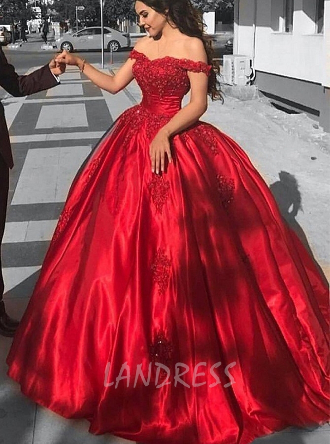 Red Satin Ball Gown Prom Dress Off the Shoulder Prom Gown Customize