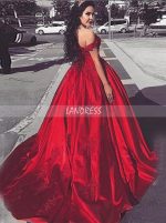 Red Satin Ball Gown Prom Dress,Off the Shoulder Prom Gown - Landress.co.uk