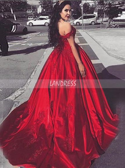 Red Satin Ball Gown Prom Dress,Off the Shoulder Prom Gown,12078