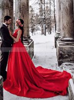 Red Satin Long Train Wedding Dress for Winter Photoshoot,12308