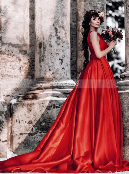 Red Satin Long Train Wedding Dress for Winter Photoshoot,12308