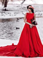 Red Satin Long Train Wedding Dress for Winter Photoshoot,12308