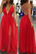 Red Sexy Evening Dresses,Open Back Tulle Party Dress with Slit,11920