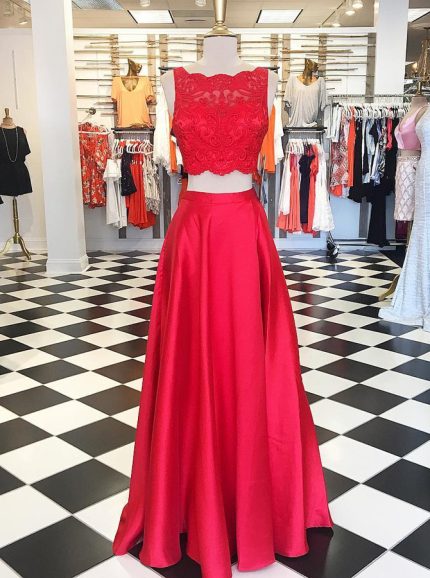 Red Two Piece Prom Dresses,Satin Evening Dress,Modest Prom Dress,11964