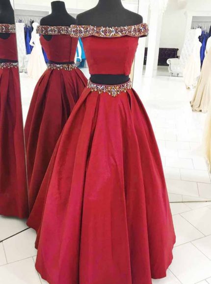 Red Two Piece Satin Prom Dresses,Off the Shoulder Prom Dress,11887
