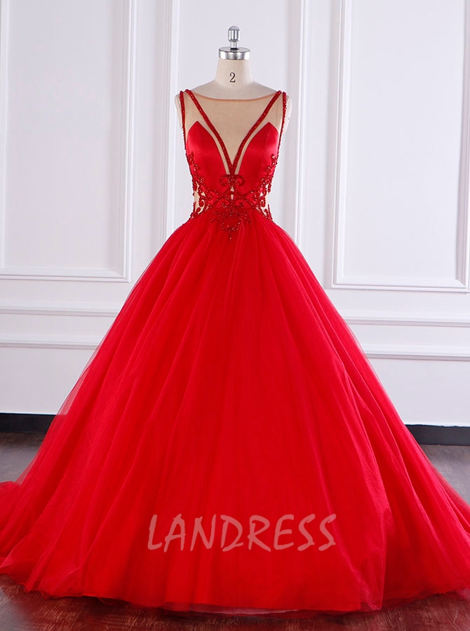 Red Wedding Gown,Tulle Ball Gown Wedding Dress with Illusion Neck,12085