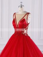 Red Wedding Gown,Tulle Ball Gown Wedding Dress with Illusion Neck,12085