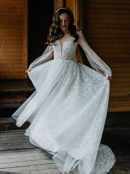 Romantic Tulle and Lace Bridal Gown,Illusion Long Sleeve Bridal Dress,12303