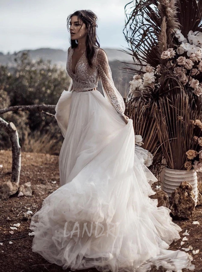 Romantic Wedding Dress with Illusion Sleeves,Two Piece Wedding Dress for Photo Shoot,12139