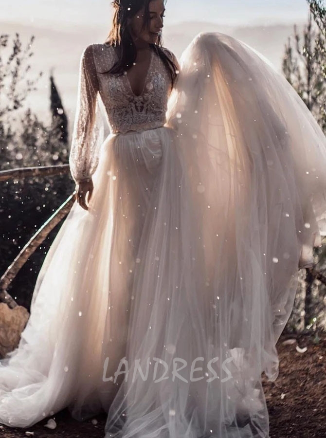 Romantic Wedding Dress with Illusion Sleeves,Two Piece Wedding Dress for Photo Shoot,12139