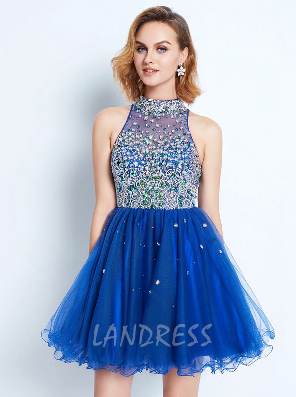 Royal Blue High Neck Sweet 16 Dresses,Beaded Short Homecoming Dress,11540