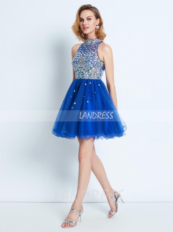 Royal Blue High Neck Sweet 16 Dresses,Beaded Short Homecoming Dress,11540