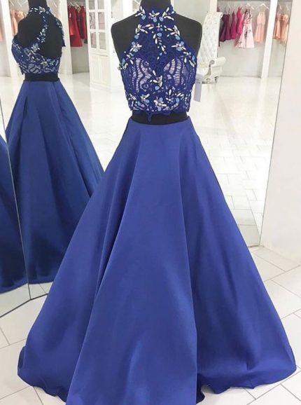 Royal Blue Prom Dresses,Satin Two Piece Prom Dress