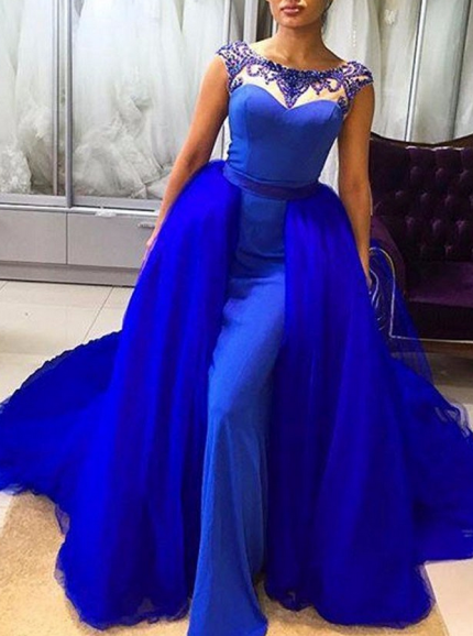 Royal Blue Prom Dress with Overskirt,Fitted Evening Dress,12004