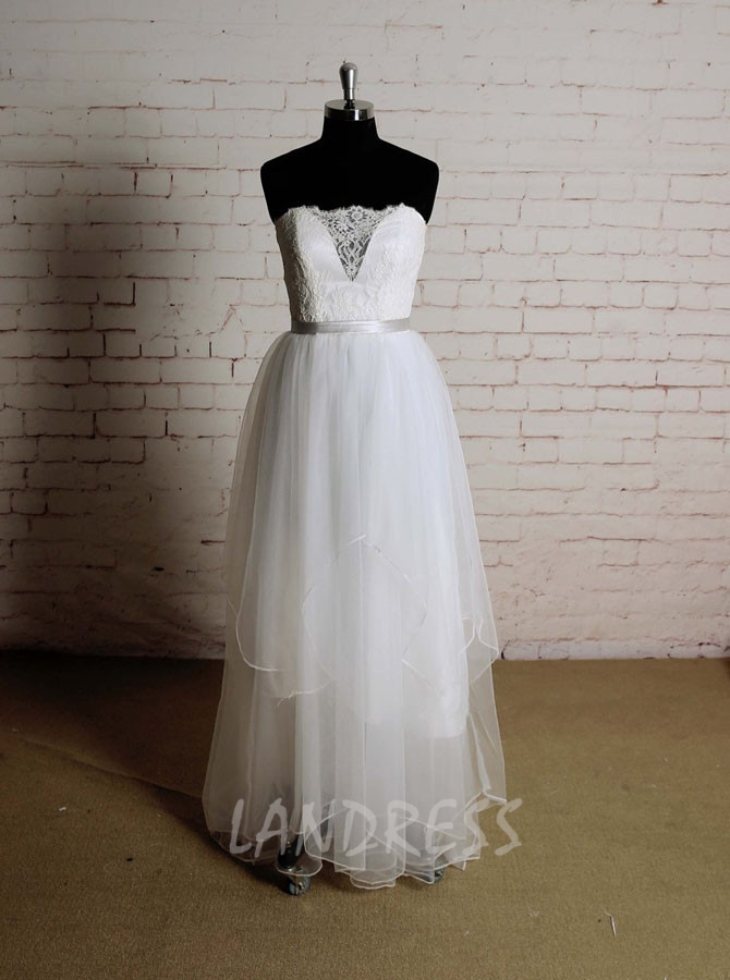 Ruffled Floor Length Wedding Dresses,Strapless Beach Wedding Dress,11619