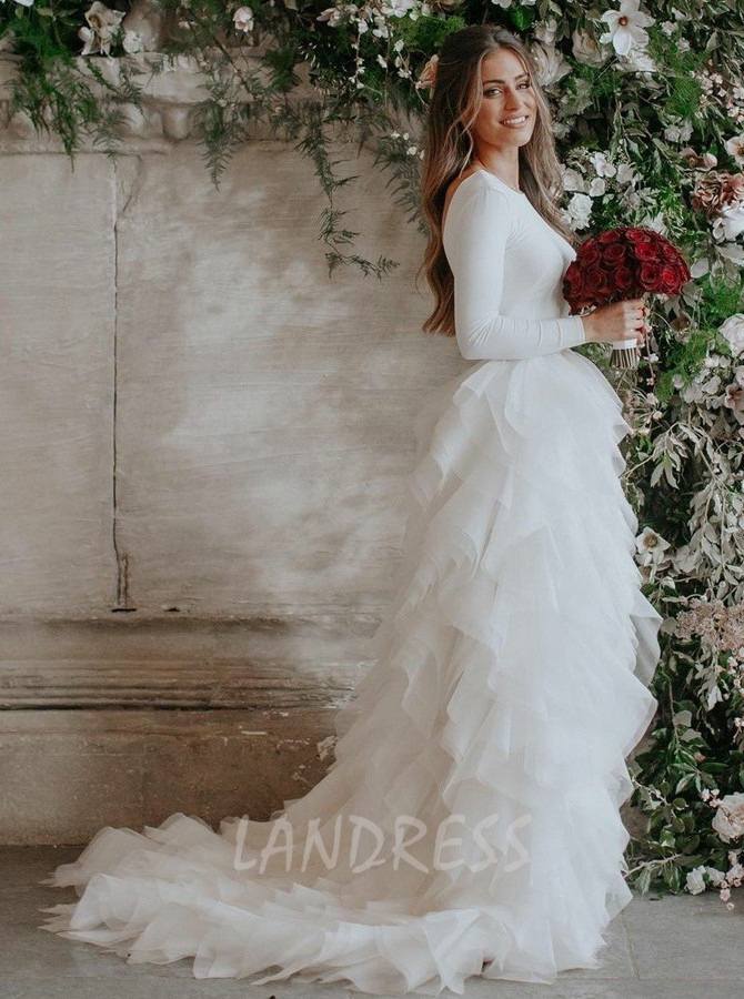 Ruffled Wedding Dresses,Spandex Bridal Dress with Sleeves,12035