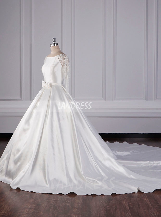 Satin Ball Gown Wedding Dress with Sleeves,Long Train Bridal Gown,12086