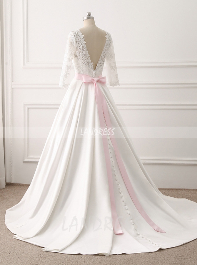 Satin Wedding Dress with Sash,Bridal Dress with Sleeves,11697