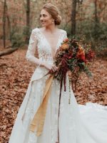 See Through A-line Bridal Dress with Sleeves,Fall Bridal Dress for Wedding Photo Shoot,12240