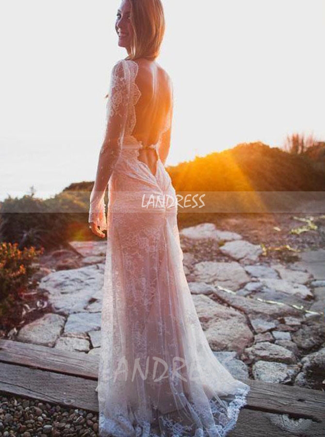 Sexy Sheath Wedding Dress with Long Sleeves,Lace Wedding Dress Open Back,12188