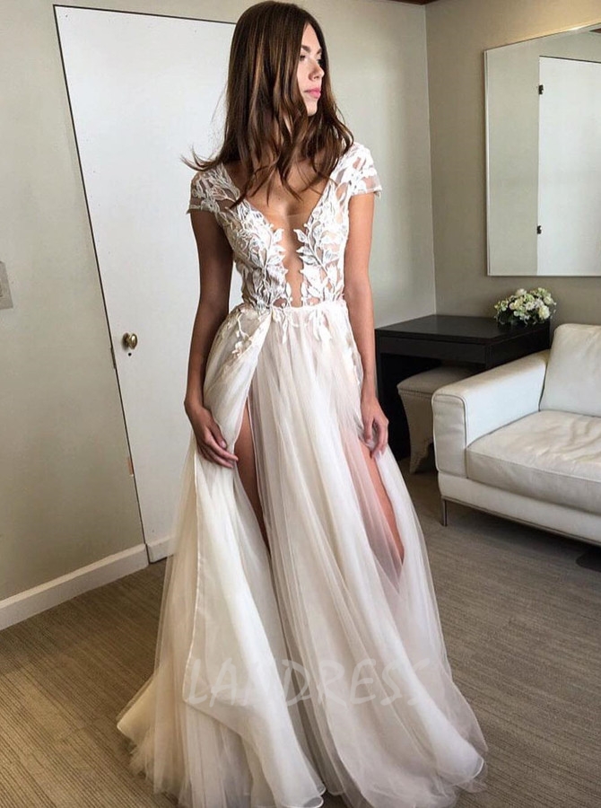 Sexy Tulle Wedding Dresses with Slit,Illusion Wedding Dress,11647
