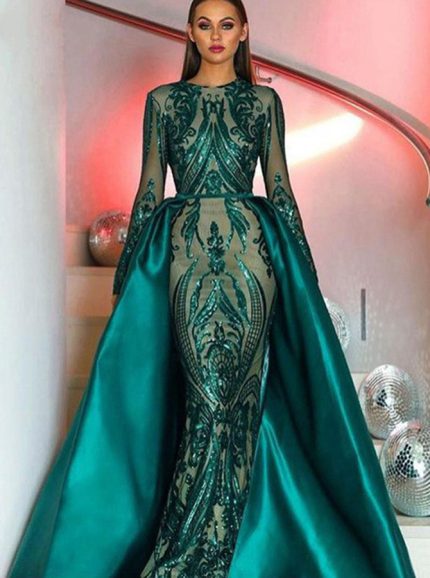 Sheath Evening Dresses with Sleeves,Sequined Prom Dress with Overskirt,12051