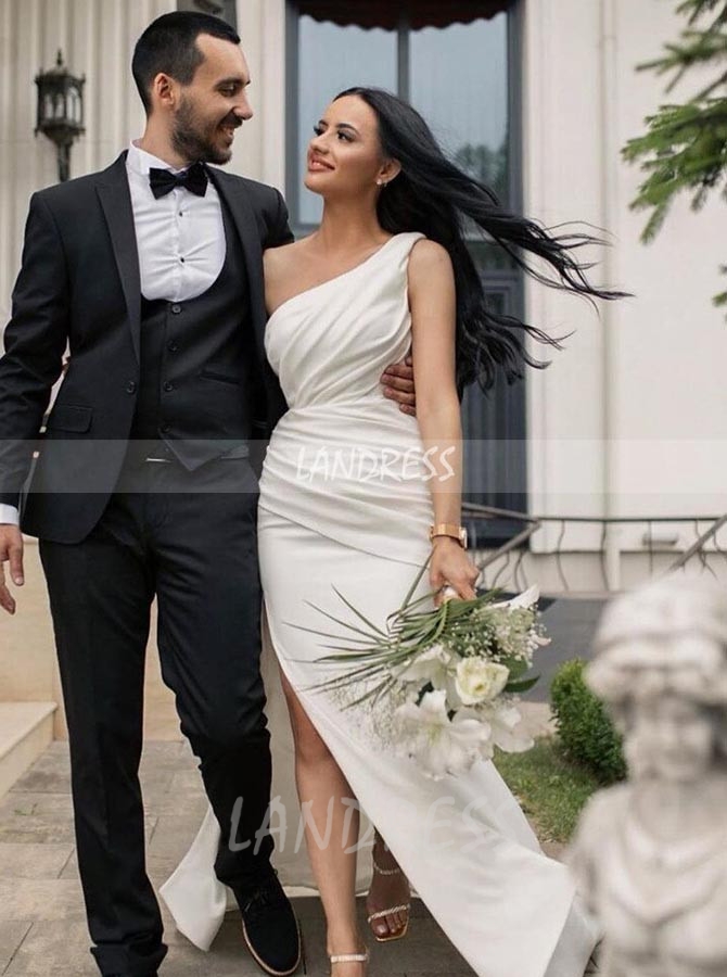 Sheath One Shoulder Wedding Dress with Slit,12190