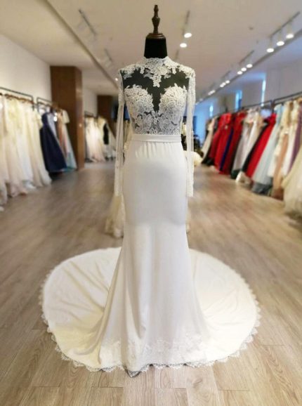 Sheath Wedding Dresses with Long Sleeves,Illusion Wedding Dress,11574