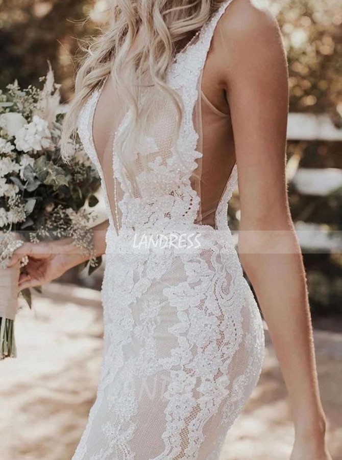 Sheath Wedding Dress Outdoor,Deep V-neck Lace Wedding Dress,12304