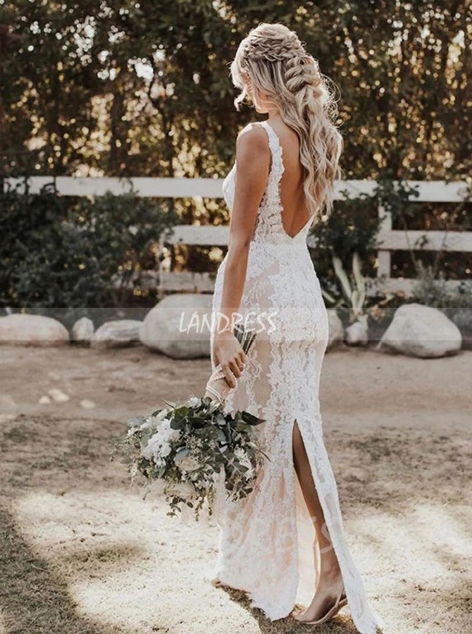 Sheath Wedding Dress Outdoor,Deep V-neck Lace Wedding Dress,12304