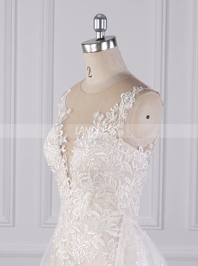 Sheath Wedding Dress with Detachable Train,Lace Wedding Dress,12087