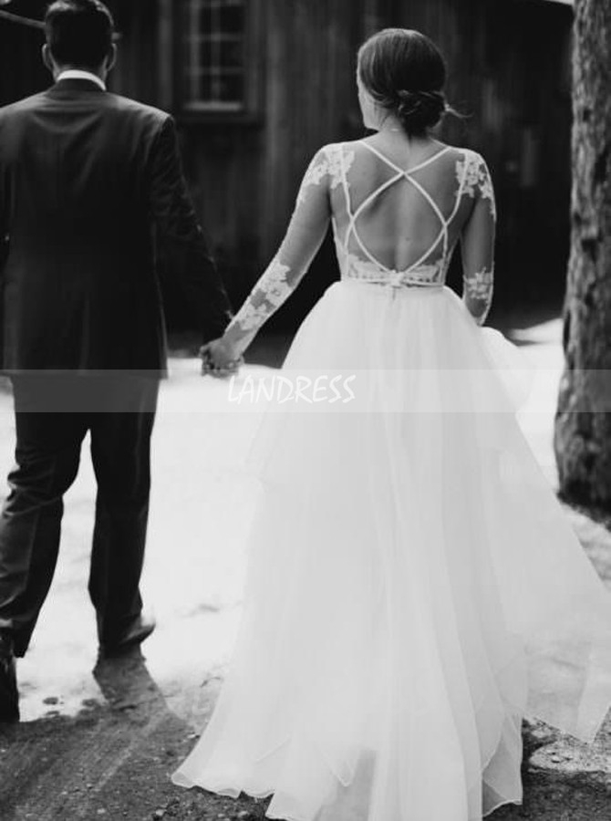 Sheath Wedding Dress with Detachable Tulle Skirt,Long Sleeves Wedding Dress,12065