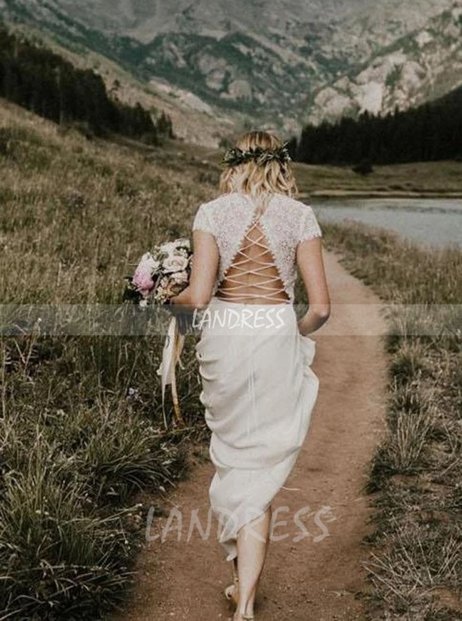 Sheath Wedding Dress with Short Sleeves,Open Back Wedding Dress,12149