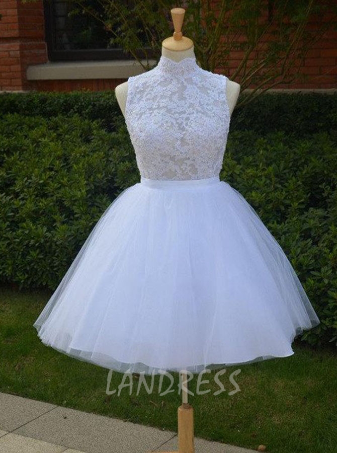 Short Wedding Dresses,High Neck Wedding Dress,Tulle Reception Dress,11148