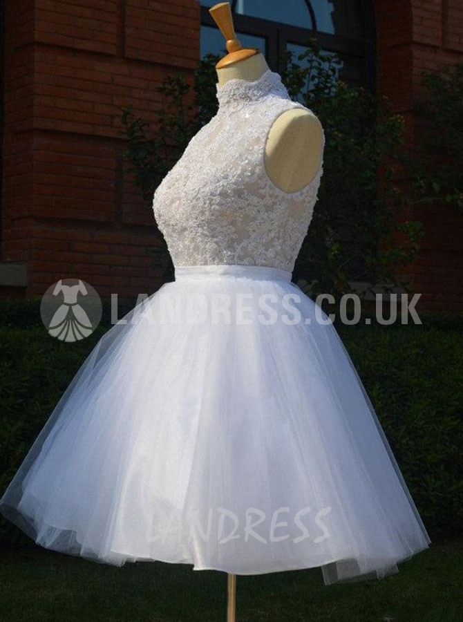 Short Wedding Dresses,High Neck Wedding Dress,Tulle Reception Dress,11148