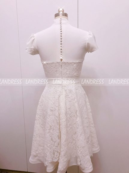 Short Wedding Dress,Satin and Lace Reception Dress,Bridal Dress with Short Sleeves,11144