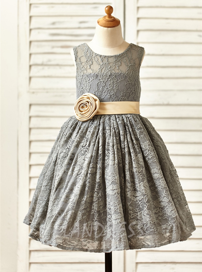 Silver Lace Flower Girl Dresses,Knee Length Girl Party Dress,11817